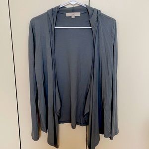 Color - aqua (grey/blue) lightweight hooded cardigan.